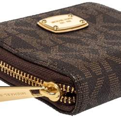 Pre Owned محفظة مايكل كورس كومباكت سحاب ملتف كانفاس مقوى شعار بني