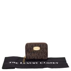 Pre Owned محفظة مايكل كورس كومباكت سحاب ملتف كانفاس مقوى شعار بني