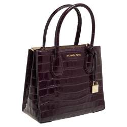 Pre Owned Michael Kors Plum Croc Embossed Leather Mini Mercer Tote