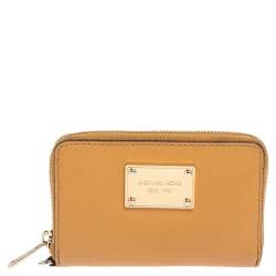 Michael Kors Tan Leather Zip Around Wristlet Wallet.