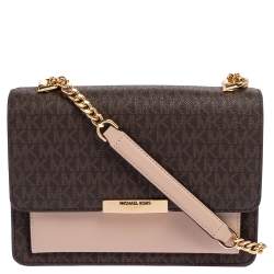 مملوكة مسبقًا حقيبة كتف مايكل كورس جاد جلد وكانفاس مقوى مونوغرامي بيج/ بني 