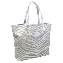 Pre Owned Michael Kors Silver/Beige Canvas And Patent Leather Tote