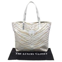 Pre Owned Michael Kors Silver/Beige Canvas And Patent Leather Tote