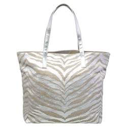 Pre Owned Michael Kors Silver/Beige Canvas And Patent Leather Tote