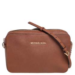 Pre Owned Michael Kors Brown Saffiano Leather Jet Set Camera Crossbody Bag