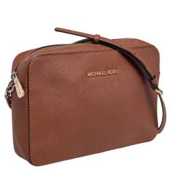 Pre Owned Michael Kors Brown Saffiano Leather Jet Set Camera Crossbody Bag