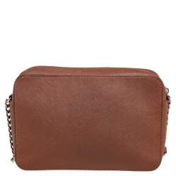 Pre Owned Michael Kors Brown Saffiano Leather Jet Set Camera Crossbody Bag