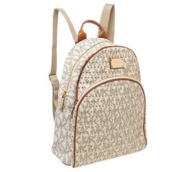 Pre Owned Michael Kors White Signature Coated Canvas Large Studded Jet Set Backpack