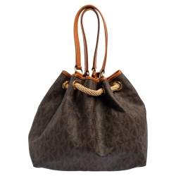 Pre Owned MICHAEL Michael Kors Brown/Tan Signature Coated Canvas and Leather Marina Drawstring Tote