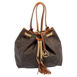 Pre Owned MICHAEL Michael Kors Brown/Tan Signature Coated Canvas and Leather Marina Drawstring Tote