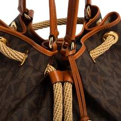 Pre Owned MICHAEL Michael Kors Brown/Tan Signature Coated Canvas and Leather Marina Drawstring Tote