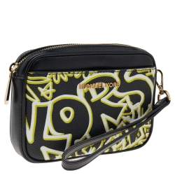 مملوكة مسبقًا Michael Kors Black Graffiti Print Coated Canvas and Leather Belt Wristlet Clutch
