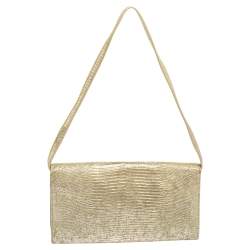 Pre Owned MICHAEL Michael Kors Metallic Gold Croc Embossed Leather Tilda Clutch