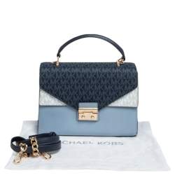Pre Owned Michael Kors Blue/White Signature Coated Canvas and Leather Kinsley Top Handle Bag