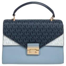 Pre Owned Michael Kors Blue/White Signature Coated Canvas and Leather Kinsley Top Handle Bag