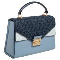 Pre Owned Michael Kors Blue/White Signature Coated Canvas and Leather Kinsley Top Handle Bag
