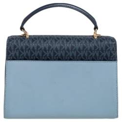 Pre Owned Michael Kors Blue/White Signature Coated Canvas and Leather Kinsley Top Handle Bag