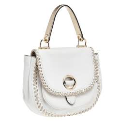 Pre Owned Michael Kors White/Gold Leather Isadore Stitch Top Handle Bag