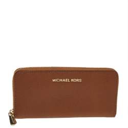 Pre Owned Michael Kors Brown Saffiano Leather Zip Around Wallet