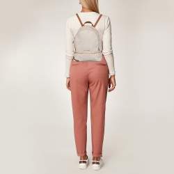 Pre Owned Michael Kors White/Tan Signature Coated Canvas And Leather Rhea Zip Backpack