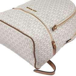 Pre Owned Michael Kors White/Tan Signature Coated Canvas And Leather Rhea Zip Backpack