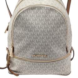 Pre Owned Michael Kors White/Tan Signature Coated Canvas And Leather Rhea Zip Backpack