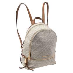 Pre Owned Michael Kors White/Tan Signature Coated Canvas And Leather Rhea Zip Backpack