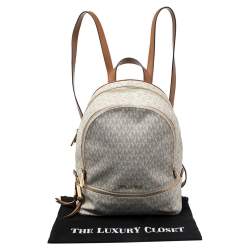 Pre Owned Michael Kors White/Tan Signature Coated Canvas And Leather Rhea Zip Backpack