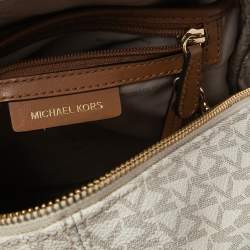 Pre Owned Michael Kors White/Tan Signature Coated Canvas And Leather Rhea Zip Backpack