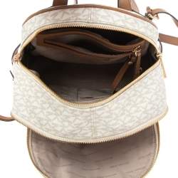 Pre Owned Michael Kors White/Tan Signature Coated Canvas And Leather Rhea Zip Backpack