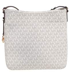 Pre Owned Michael Kors White Signature Coated Canvas Jet Set Travel Messenger Bag
