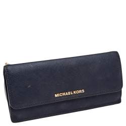 Pre Owned Michael Kors Navy Blue Saffiano Leather Jet Set Travel Flat Wallet