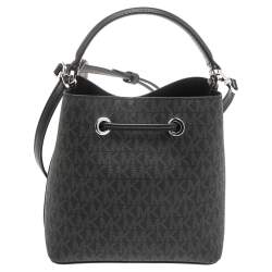 Pre Owned Michael Kors Black/Grey Signature Canvas Suri Drawstring Bucket Bag