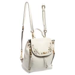 Pre Owned Michael Kors White Leather Floral Embellished Backpack
