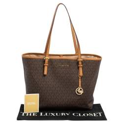 Michael Kors Brown Signature Coated Canvas and Leather Medium Jet Set Tote