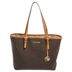 Michael Kors Brown Signature Coated Canvas and Leather Medium Jet Set Tote