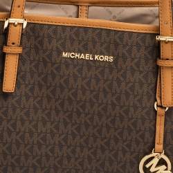 Michael Kors Brown Signature Coated Canvas and Leather Medium Jet Set Tote