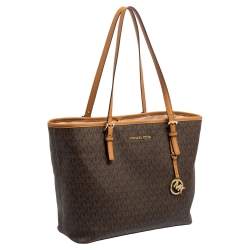 Michael Kors Brown Signature Coated Canvas and Leather Medium Jet Set Tote