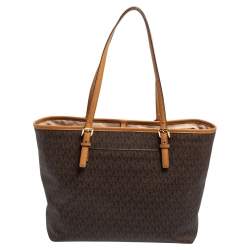 Michael Kors Brown Signature Coated Canvas and Leather Medium Jet Set Tote