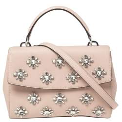 Pre Owned Michael Kors Beige Saffiano Leather Small Ava Crystals Embellished Top Handle Bag