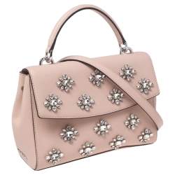 Pre Owned Michael Kors Beige Saffiano Leather Small Ava Crystals Embellished Top Handle Bag