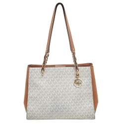 Pre Owned حقيبة يد توتس مايكل كورس صوفيا جلد وكانفاس مقوى بشعار الماركة أبيض/بني