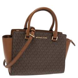 Pre Owned حقيبة ساتشل مايكل كورس سيلما جلد  وكانفاس مقوى بني متوسطة