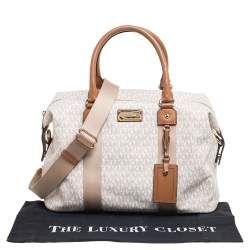 Pre Owned Michael Kors White/Brown Signature Coated Canvas And Leather Duffel Bag