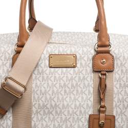 Pre Owned Michael Kors White/Brown Signature Coated Canvas And Leather Duffel Bag