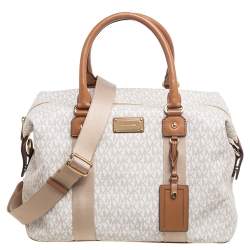 Pre Owned Michael Kors White/Brown Signature Coated Canvas And Leather Duffel Bag