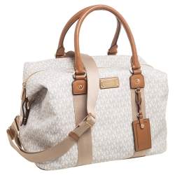 Pre Owned Michael Kors White/Brown Signature Coated Canvas And Leather Duffel Bag