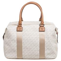 Pre Owned Michael Kors White/Brown Signature Coated Canvas And Leather Duffel Bag