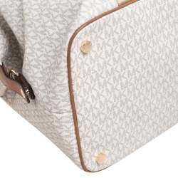 Pre Owned Michael Kors White/Brown Signature Coated Canvas And Leather Duffel Bag