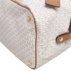 Pre Owned Michael Kors White/Brown Signature Coated Canvas And Leather Duffel Bag